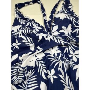 ArMage One Piece‎ Swimsuit Tropical Leaf Print Navy Blue White Halter XL